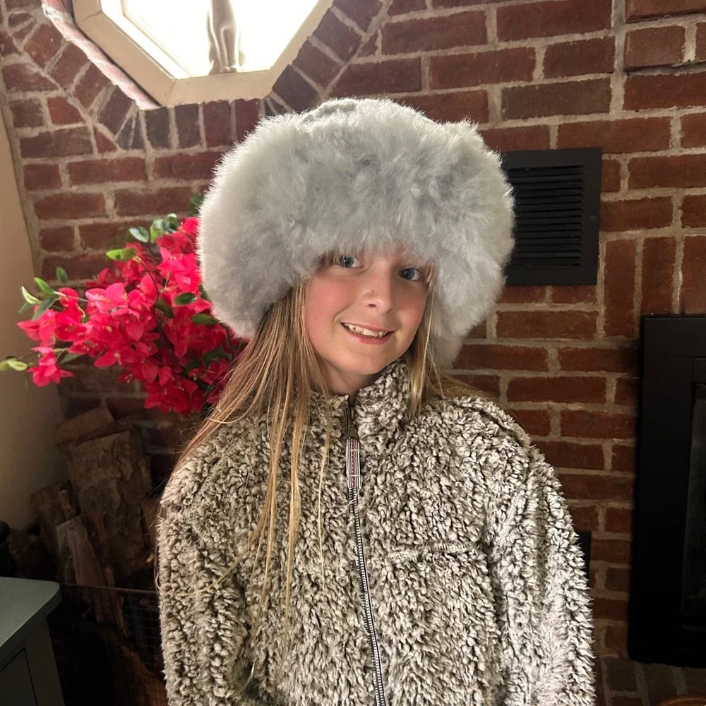 Alpaca Fur Cossack Hat & Detachable Collar Set Gray Peruvian Soul Women Girls